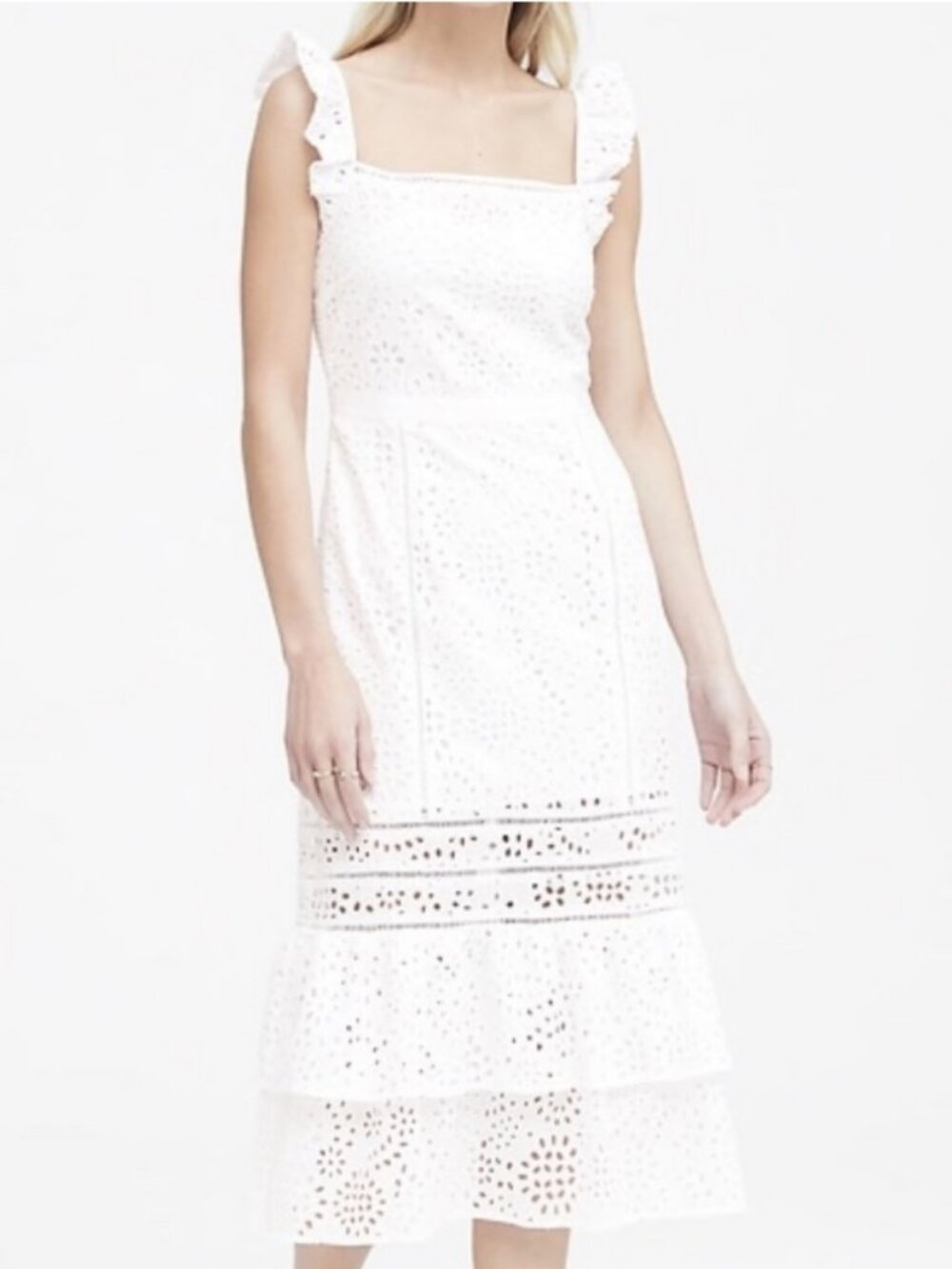 Banana Republic Eyelet Midi Pinafore Tiered White Dress 100% Cotton 00P $159.00